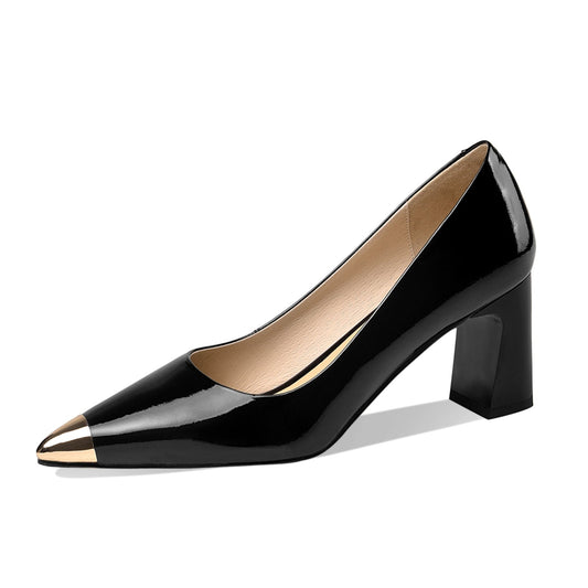 Women's Patent Leather Pointed Toe Block Heel Pump for Office Work