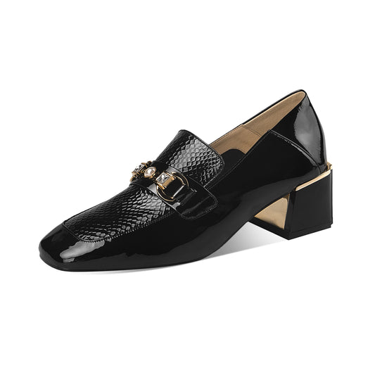 Women's Patent Leather Stylish Medium Heel Block Heel Slip-On Loafers