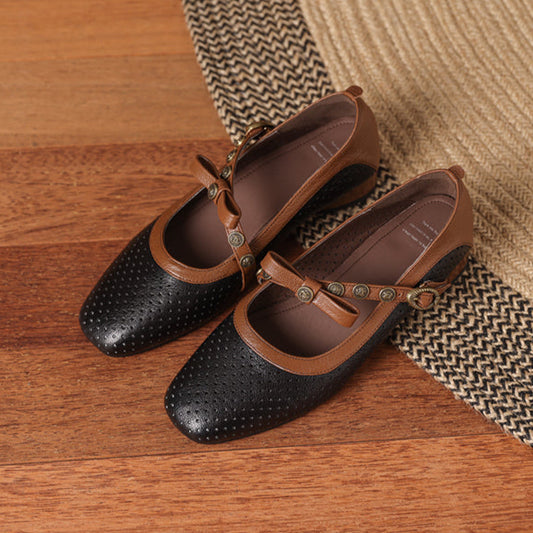 Women's Vintage Patchwork Bow Low Heel Mary Jane Sandals