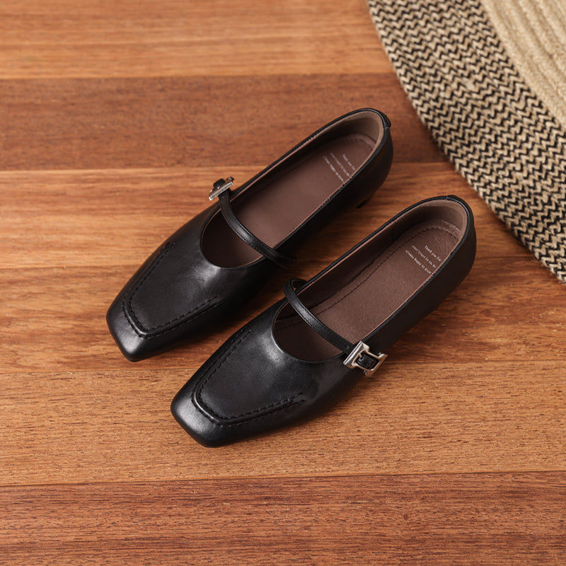 Leather Square Toe Low Heel Retro Metal Buckle Women's Shoes - RetroStep