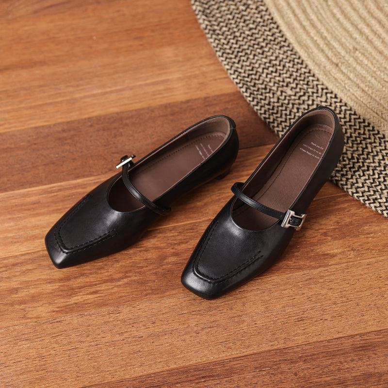 Leather Square Toe Low Heel Retro Metal Buckle Women's Shoes - RetroStep