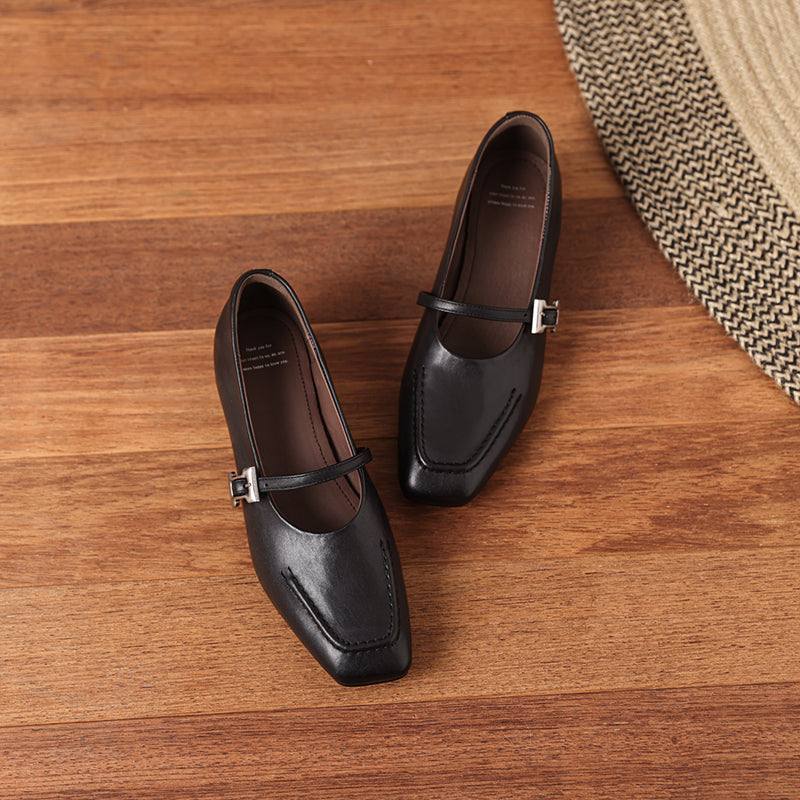 Leather Square Toe Low Heel Retro Metal Buckle Women's Shoes - RetroStep