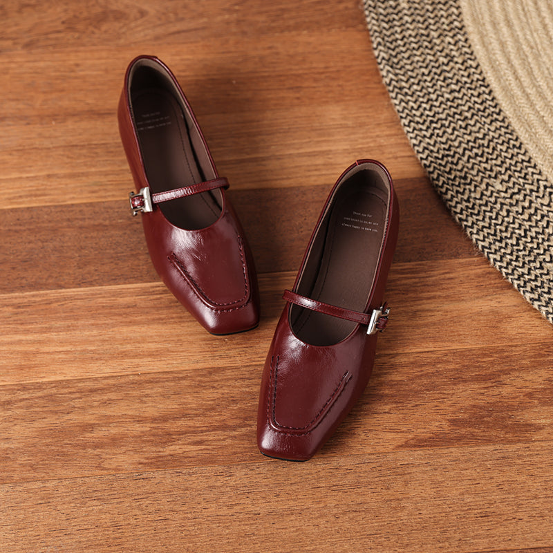 Leather Square Toe Low Heel Retro Metal Buckle Women's Shoes - RetroStep