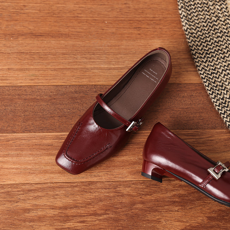 Leather Square Toe Low Heel Retro Metal Buckle Women's Shoes - RetroStep