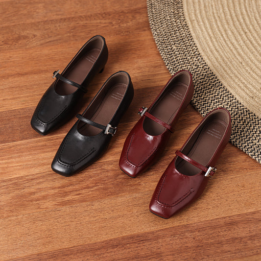Leather Square Toe Low Heel Retro Metal Buckle Women's Shoes - RetroStep