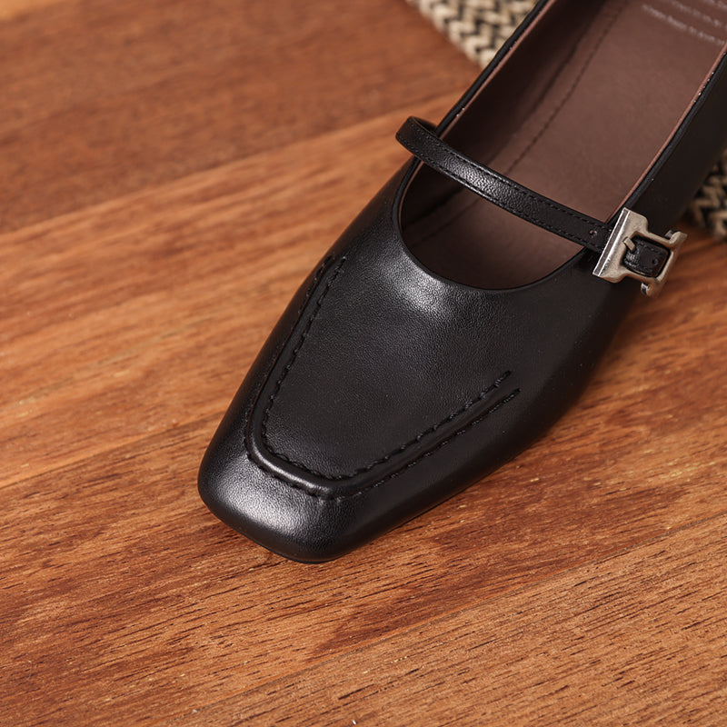 Leather Square Toe Low Heel Retro Metal Buckle Women's Shoes - RetroStep