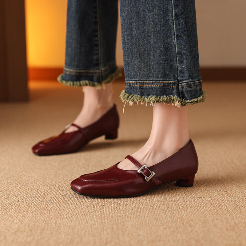 Leather Square Toe Low Heel Retro Metal Buckle Women's Shoes - RetroStep