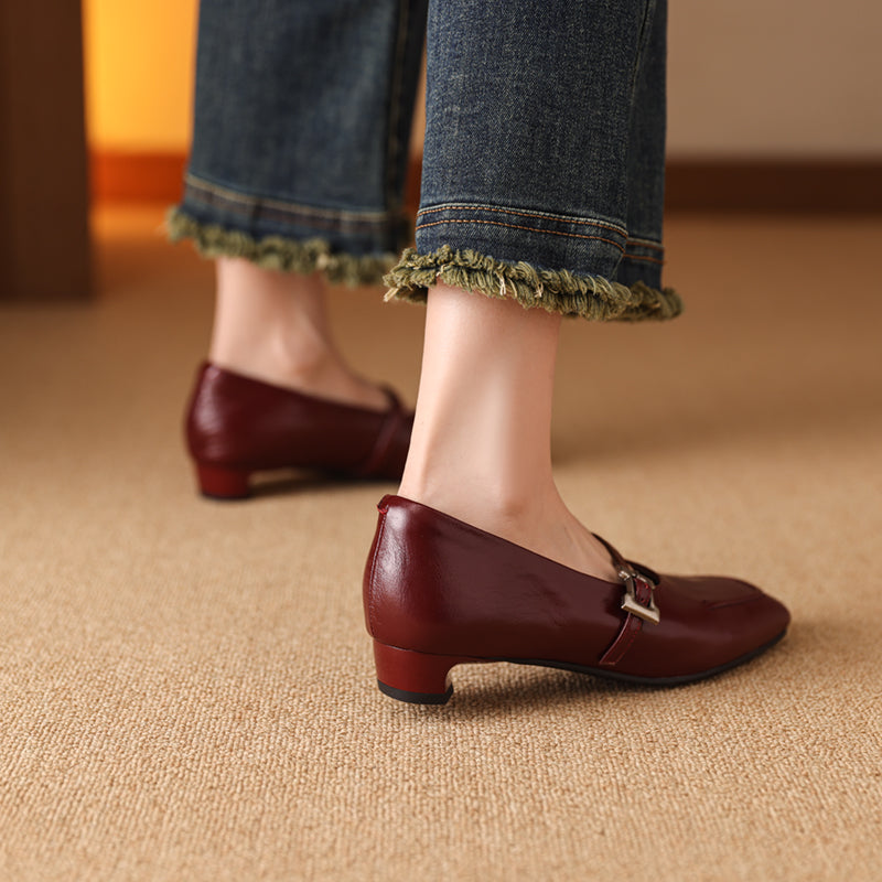 Leather Square Toe Low Heel Retro Metal Buckle Women's Shoes - RetroStep