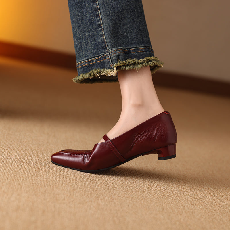 Leather Square Toe Low Heel Retro Metal Buckle Women's Shoes - RetroStep