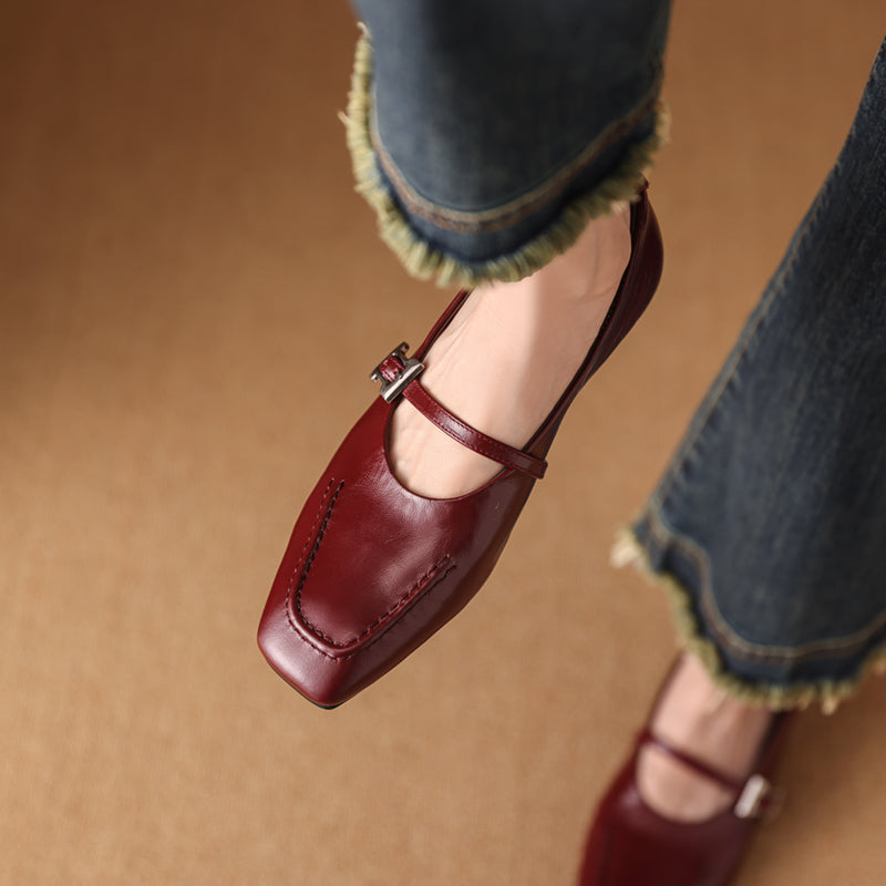 Leather Square Toe Low Heel Retro Metal Buckle Women's Shoes - RetroStep
