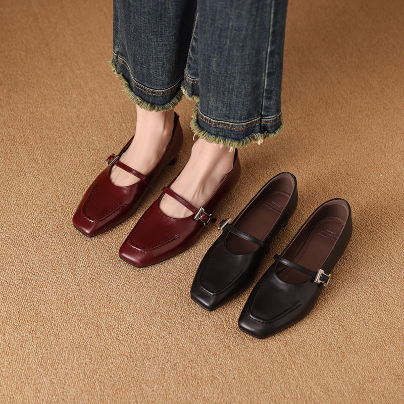Leather Square Toe Low Heel Retro Metal Buckle Women's Shoes - RetroStep
