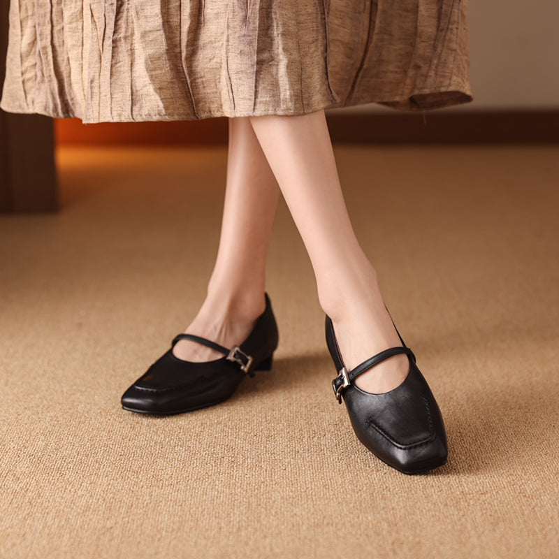 Leather Square Toe Low Heel Retro Metal Buckle Women's Shoes - RetroStep