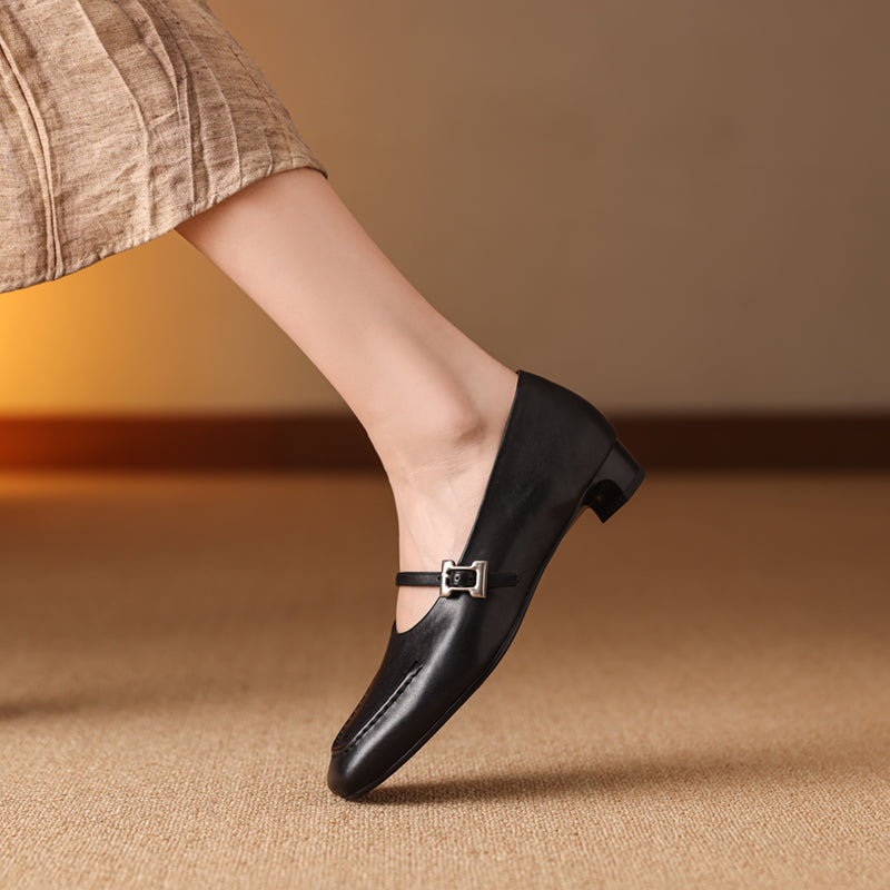 Leather Square Toe Low Heel Retro Metal Buckle Women's Shoes - RetroStep