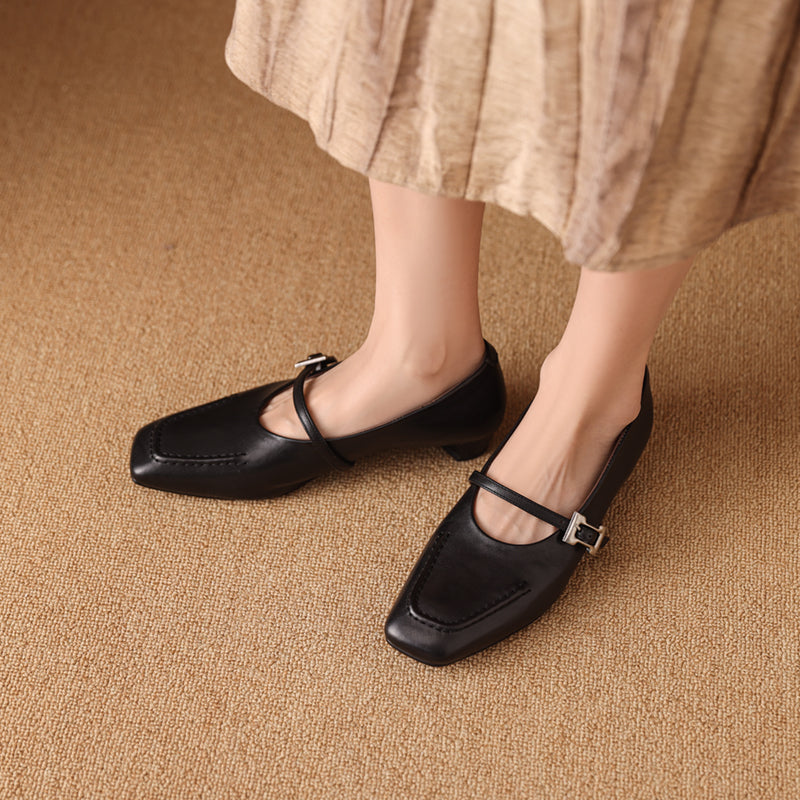 Leather Square Toe Low Heel Retro Metal Buckle Women's Shoes - RetroStep