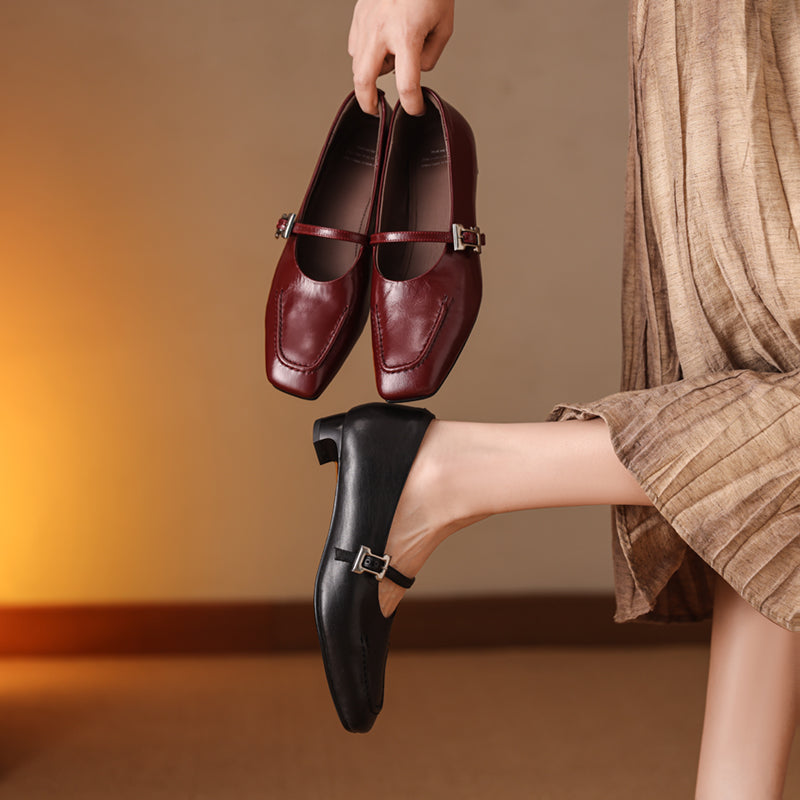 Leather Square Toe Low Heel Retro Metal Buckle Women's Shoes - RetroStep