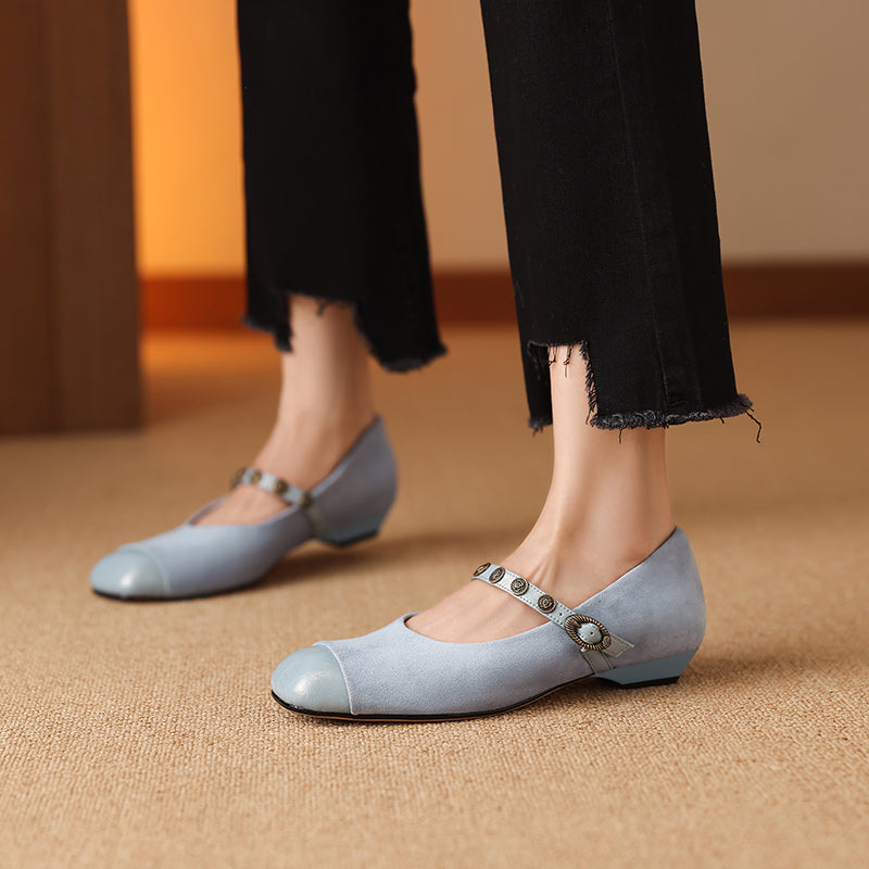 Women's Retro Patchwork Suede Buckle Up Low Heel Mary Jane Shoes