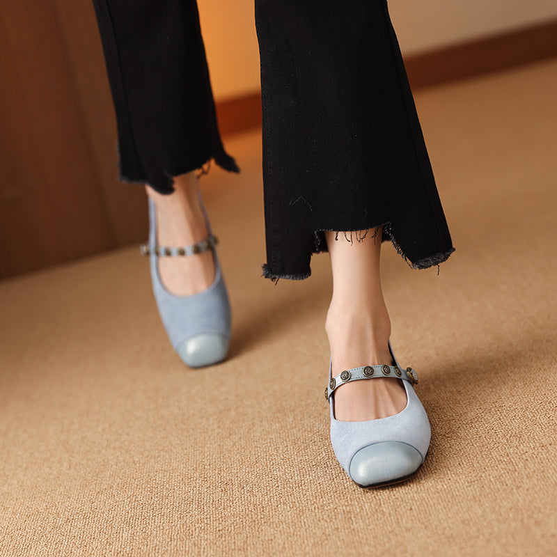 Women's Retro Patchwork Suede Buckle Up Low Heel Mary Jane Shoes