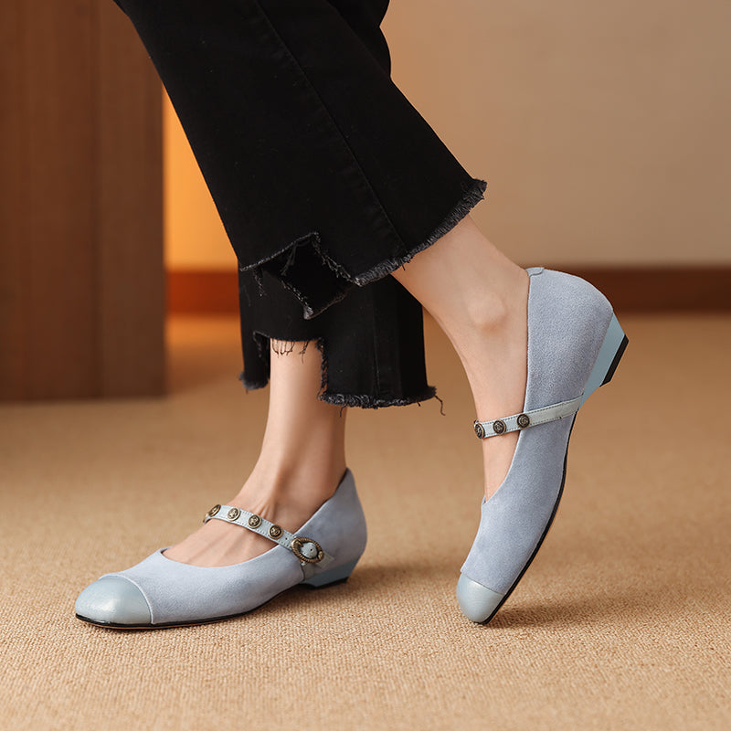 Women's Retro Patchwork Suede Buckle Up Low Heel Mary Jane Shoes