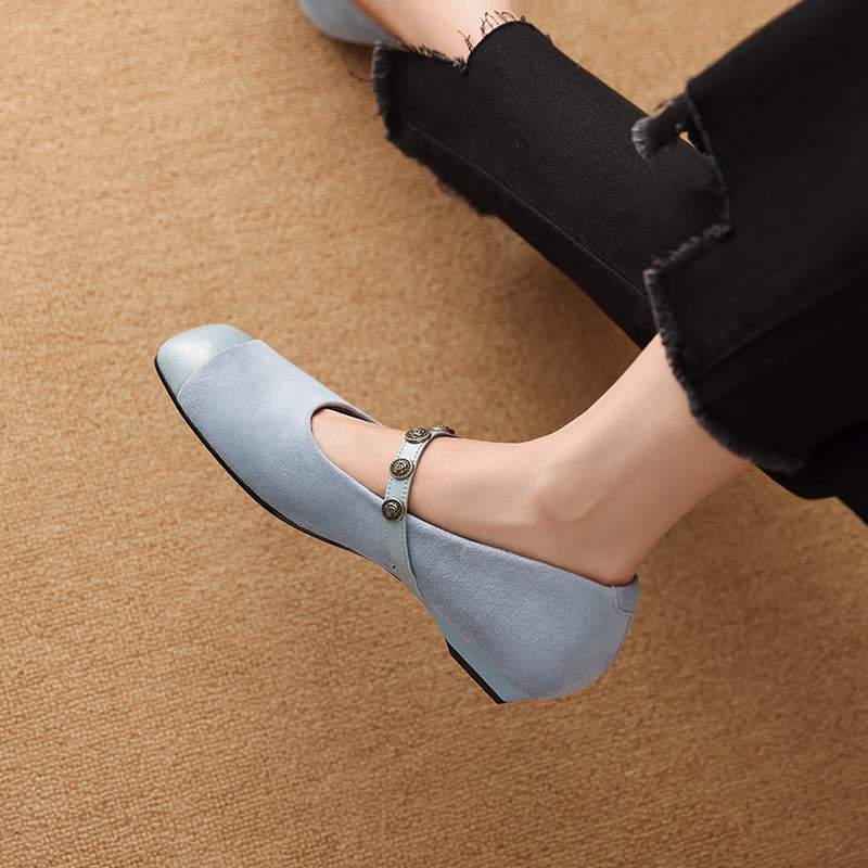 Women's Retro Patchwork Suede Buckle Up Low Heel Mary Jane Shoes