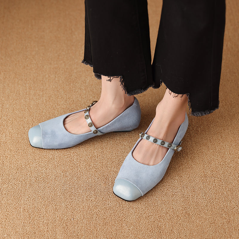 Women's Retro Patchwork Suede Buckle Up Low Heel Mary Jane Shoes