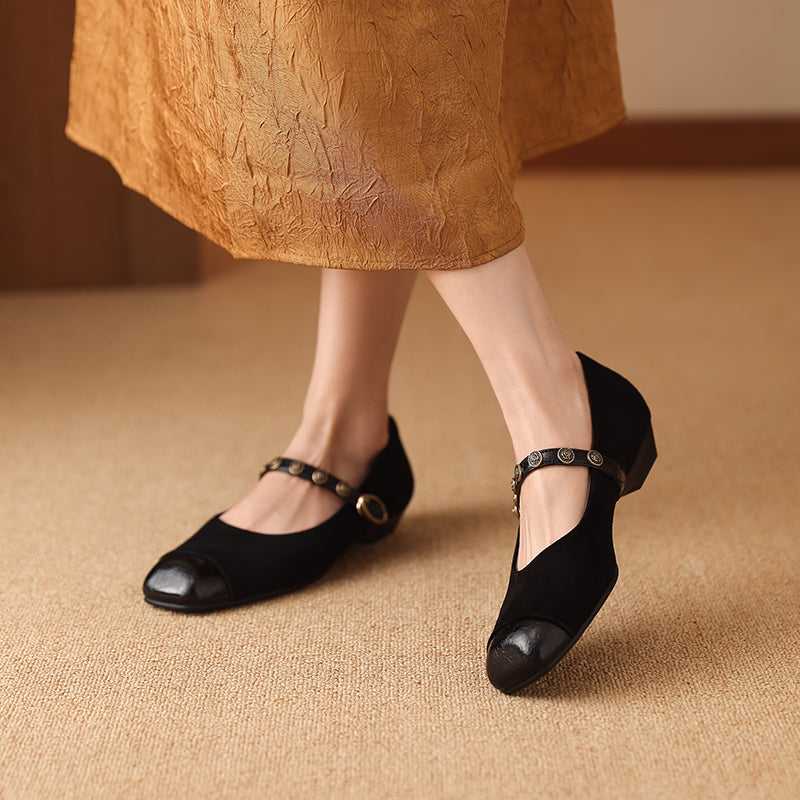 Women's Retro Patchwork Suede Buckle Up Low Heel Mary Jane Shoes