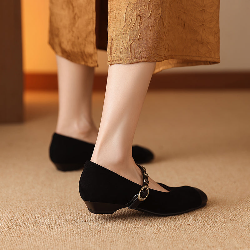 Women's Retro Patchwork Suede Buckle Up Low Heel Mary Jane Shoes