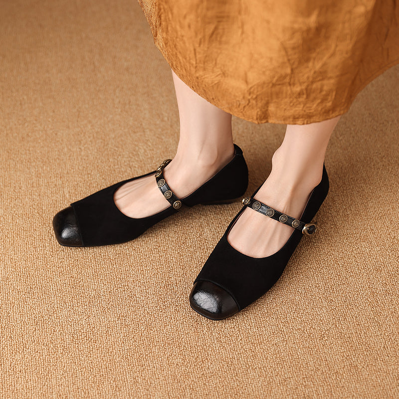 Women's Retro Patchwork Suede Buckle Up Low Heel Mary Jane Shoes
