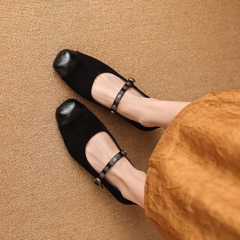 Women's Retro Patchwork Suede Buckle Up Low Heel Mary Jane Shoes