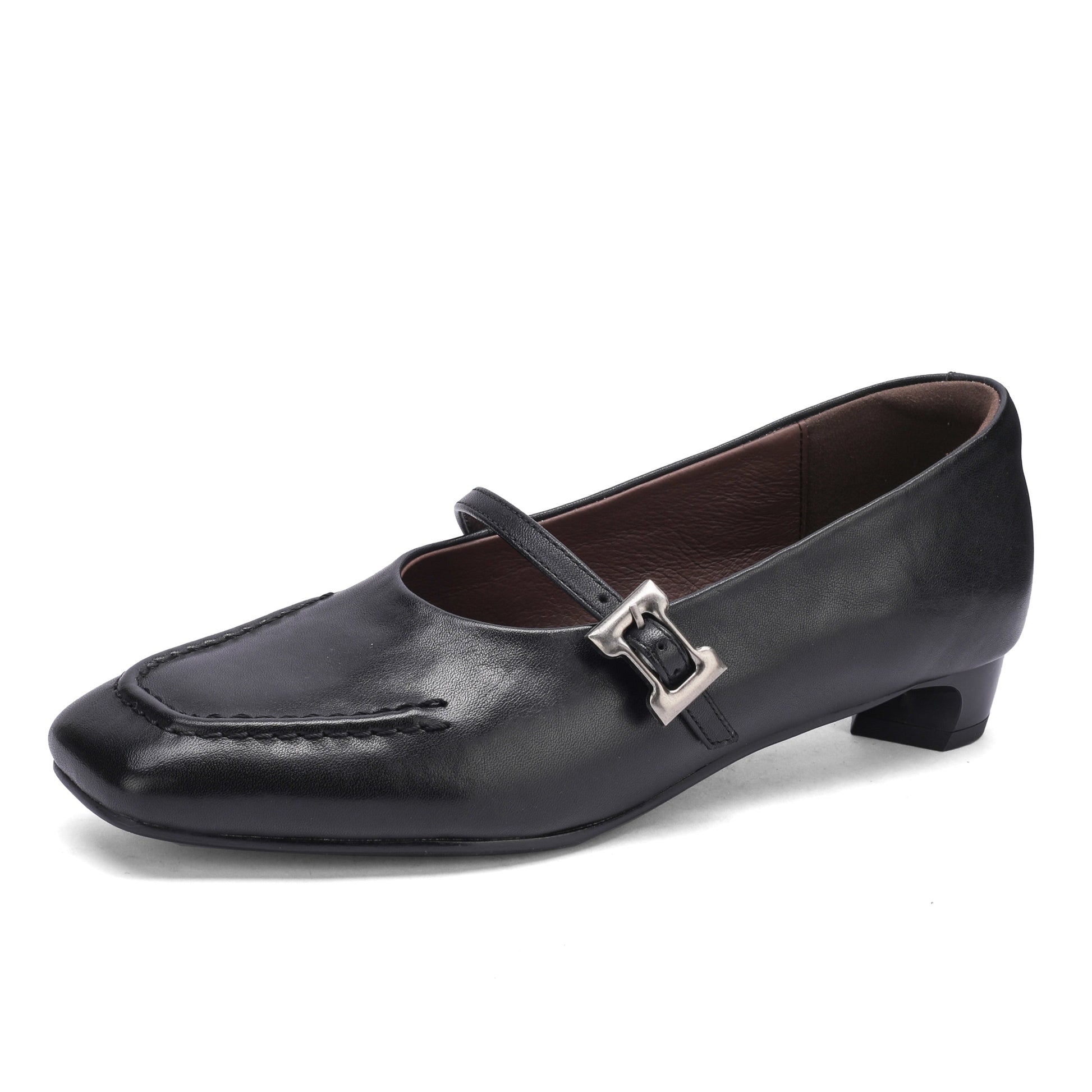 Leather Square Toe Low Heel Retro Metal Buckle Women's Shoes - RetroStep