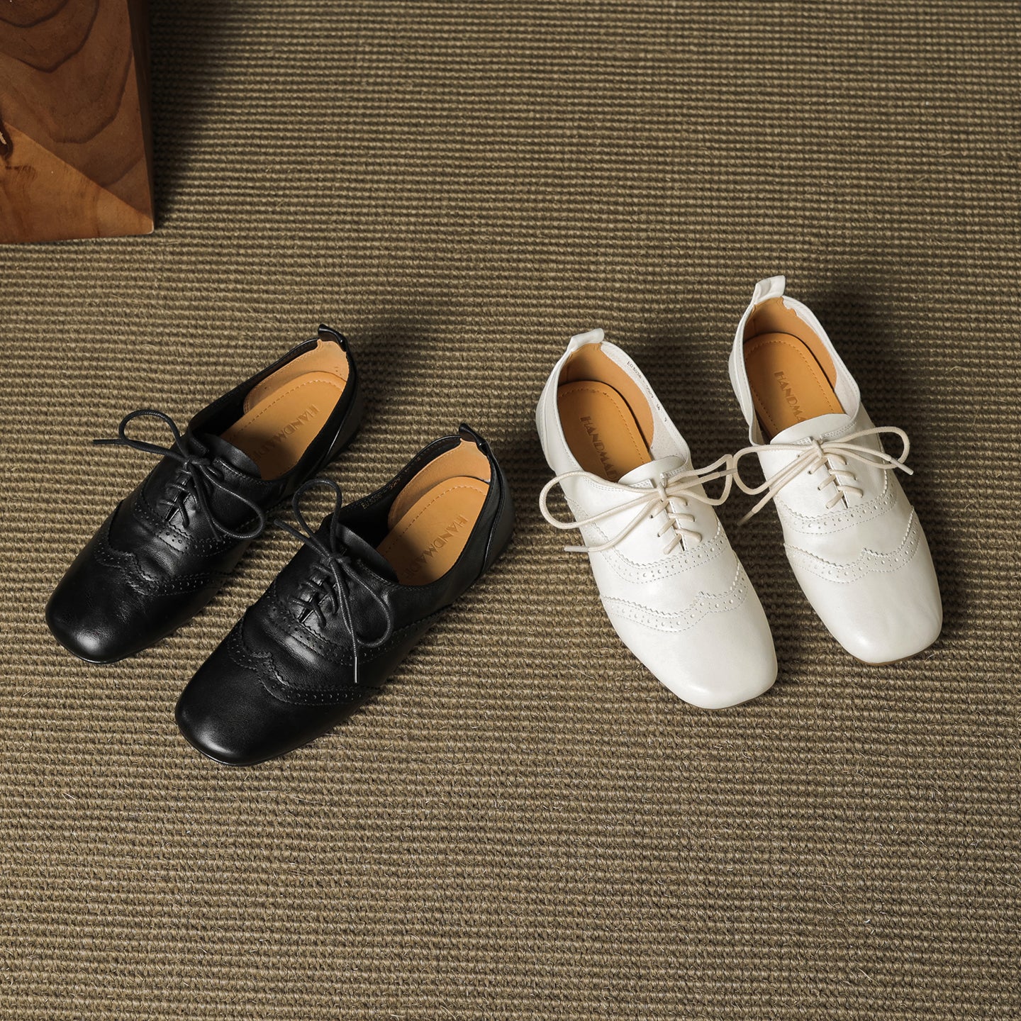Women's Retro Leather Brogue Shoes Vintage Square Toe Lace-up Oxford Flats