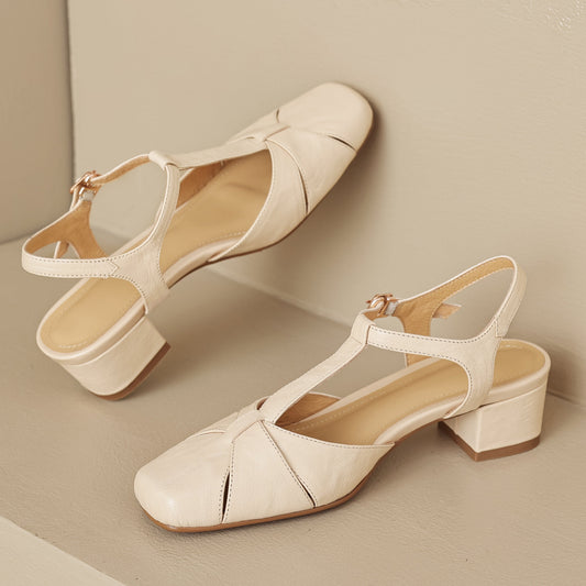 Women's Closed Toe Open Heel Retro T-Strap Buckle Chunky Sandals - RetroStep