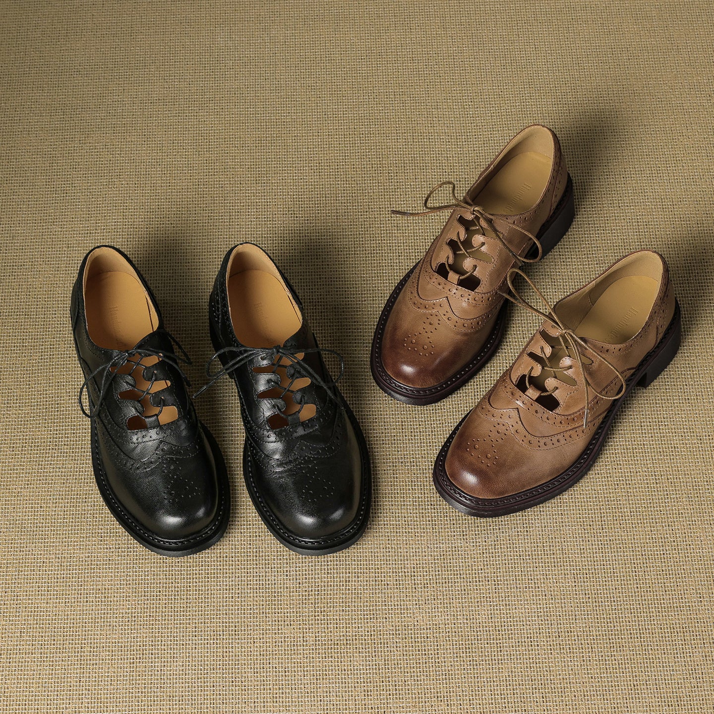 Women's Retro Cowhide Brogues Vintage Round Toe Cutout Lace-up Block Heel Oxfords