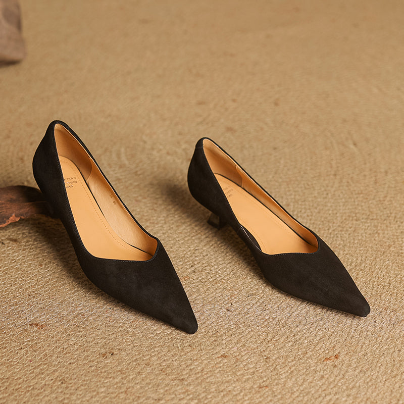 Women's Handmade Leather Classic Pointed Toe Kitten Heel Pumps