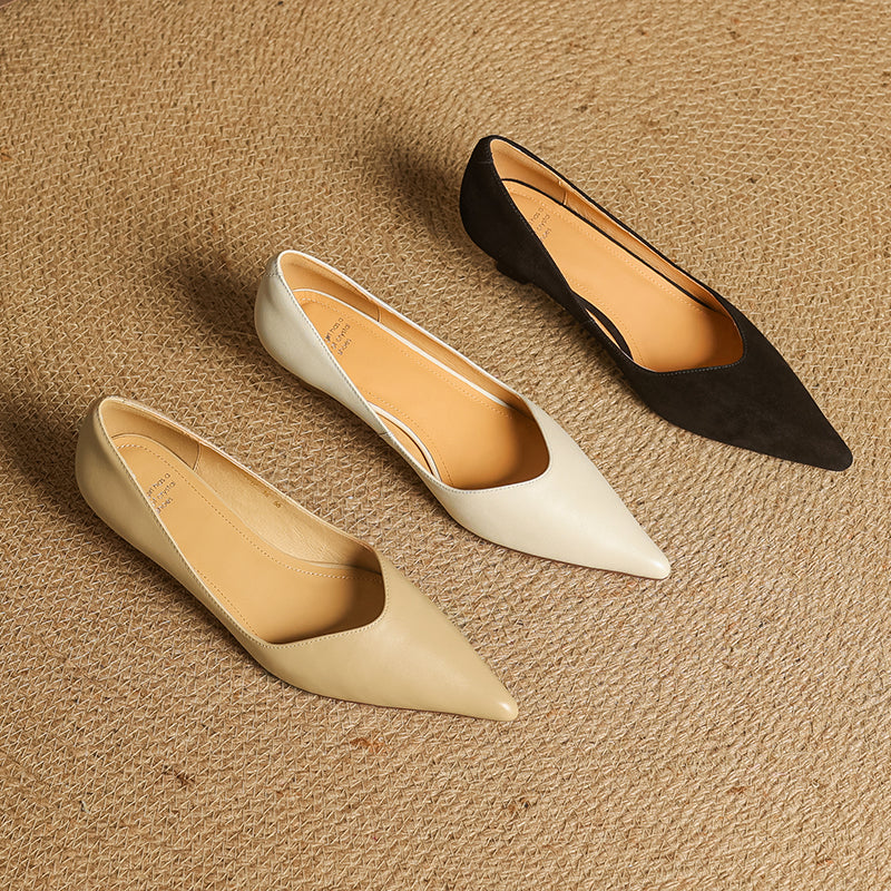 Women's Handmade Leather Classic Pointed Toe Kitten Heel Pumps