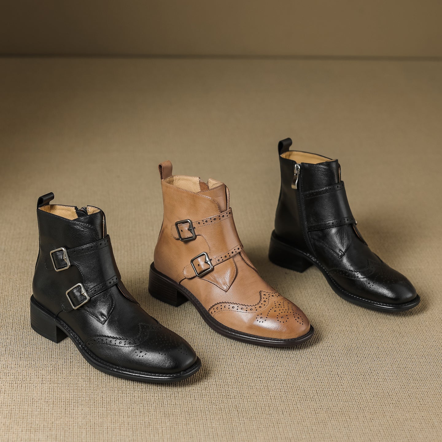 Women's Retro Cowhide Ankle Boots Vintage Brogue Round Toe Double Buckle Zipper Booties