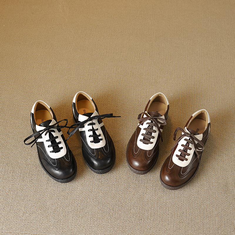 Women's Washed Horse Leather Sneakers - Vintage GAT Style Contrast Lace-up