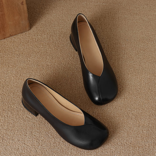 Women's Handmade Leather Slip-on Round Toe Low Heel Block Pumps