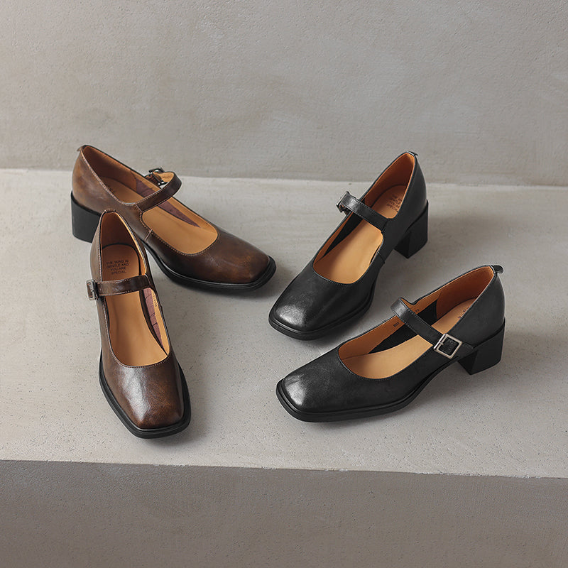Women's Preppy Style Vintage Chunky Heel Buckle Mary Jane Pump