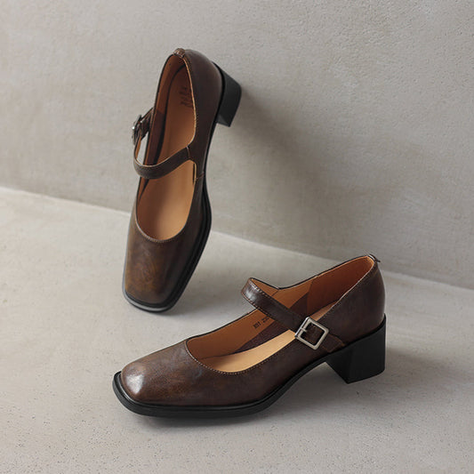 Women's Preppy Style Vintage Chunky Heel Buckle Mary Jane Pump