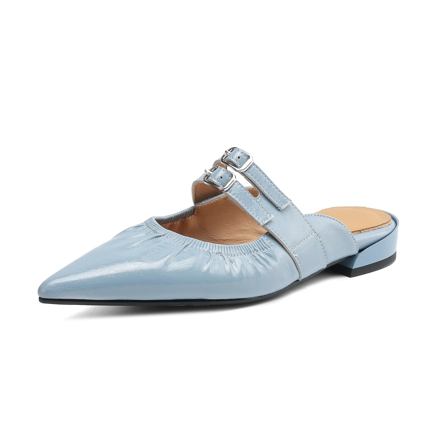Womens Pointed Toe Stylish Double Buckle Sheepskin Low Heel Mule Shoes