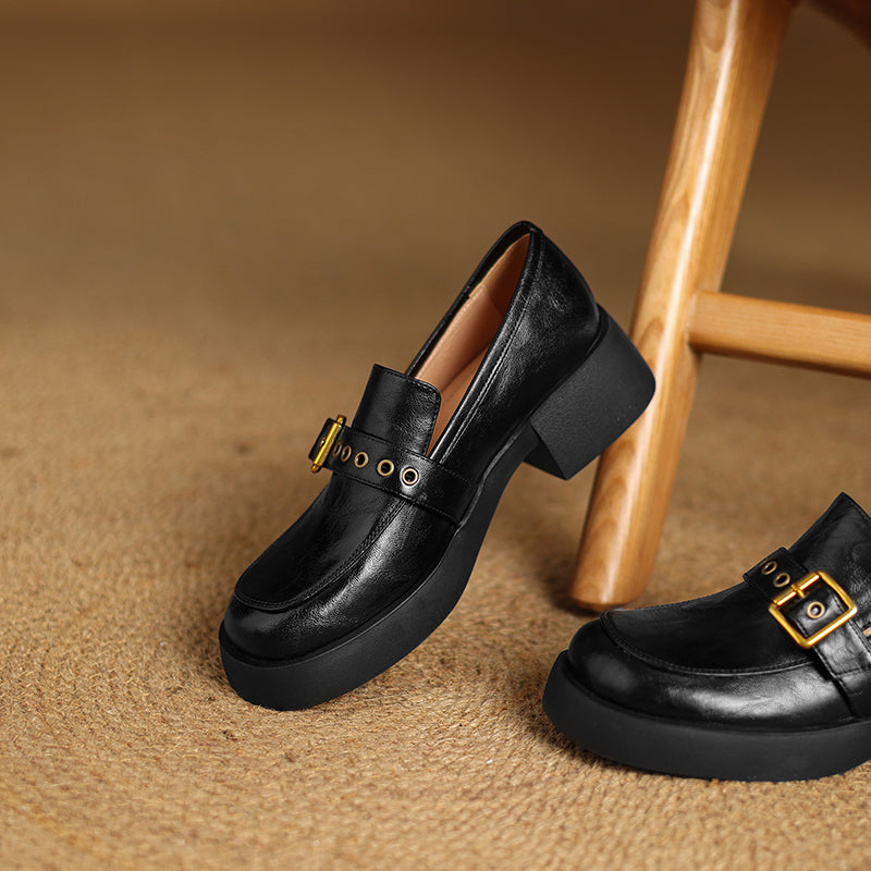 Women's Leather Slip-On Loafers - Grommet Buckle Detail - 4.5cm Mid Block Heel