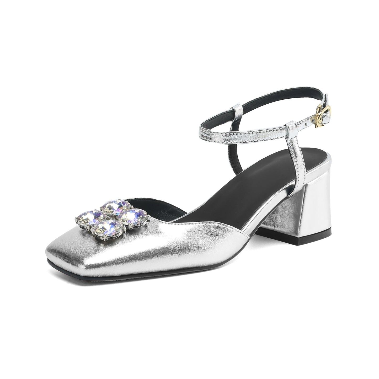 Women's Square Toe Rhinestone Chunky Heel Ankle Strap Sandals