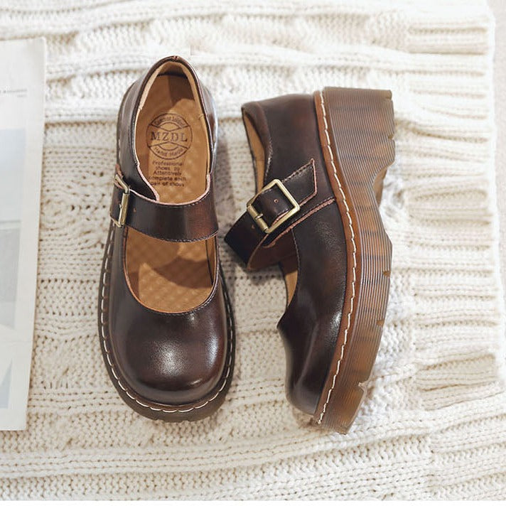 Women Vintage Buckle Leather Platform Mary Janes Heels Shoes - RetroStep