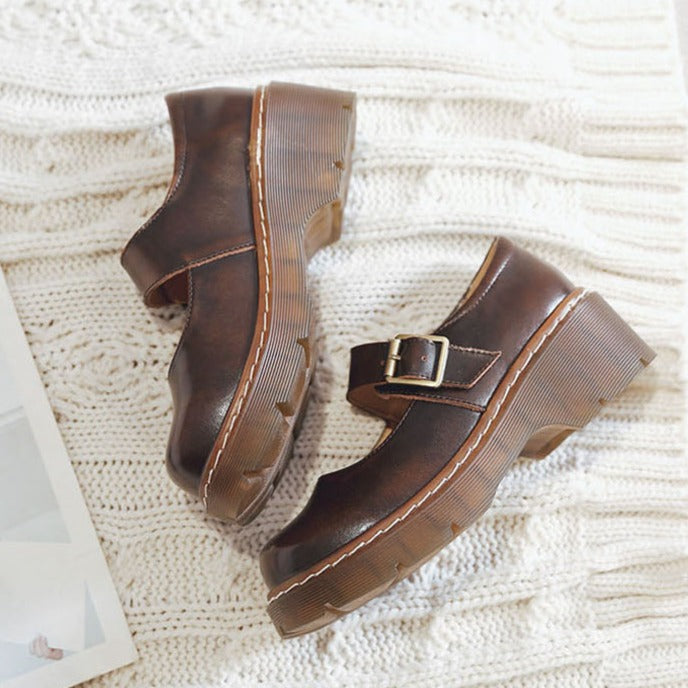 Women Vintage Buckle Leather Platform Mary Janes Heels Shoes - RetroStep