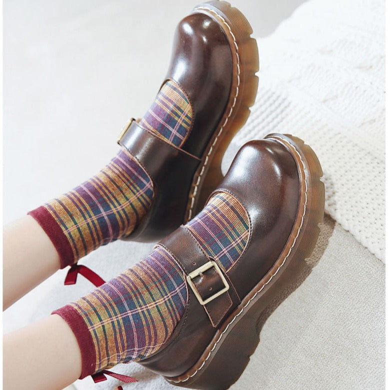 Women Vintage Buckle Leather Platform Mary Janes Heels Shoes - RetroStep