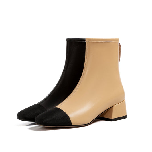 Women's Leather Patchwork Chunky Heel Back Zipper Ankle Sock Boots