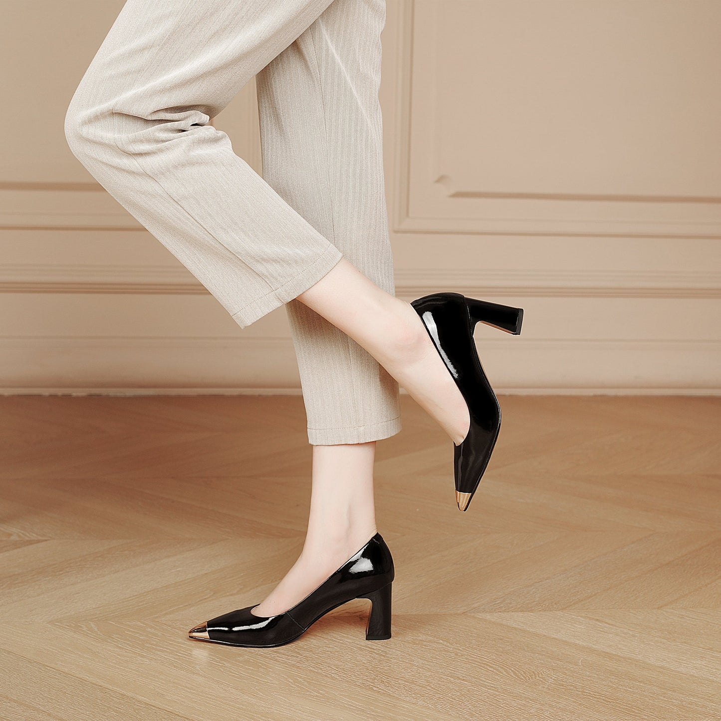 Women's Patent Leather Pointed Toe Block Heel Pump for Office Work