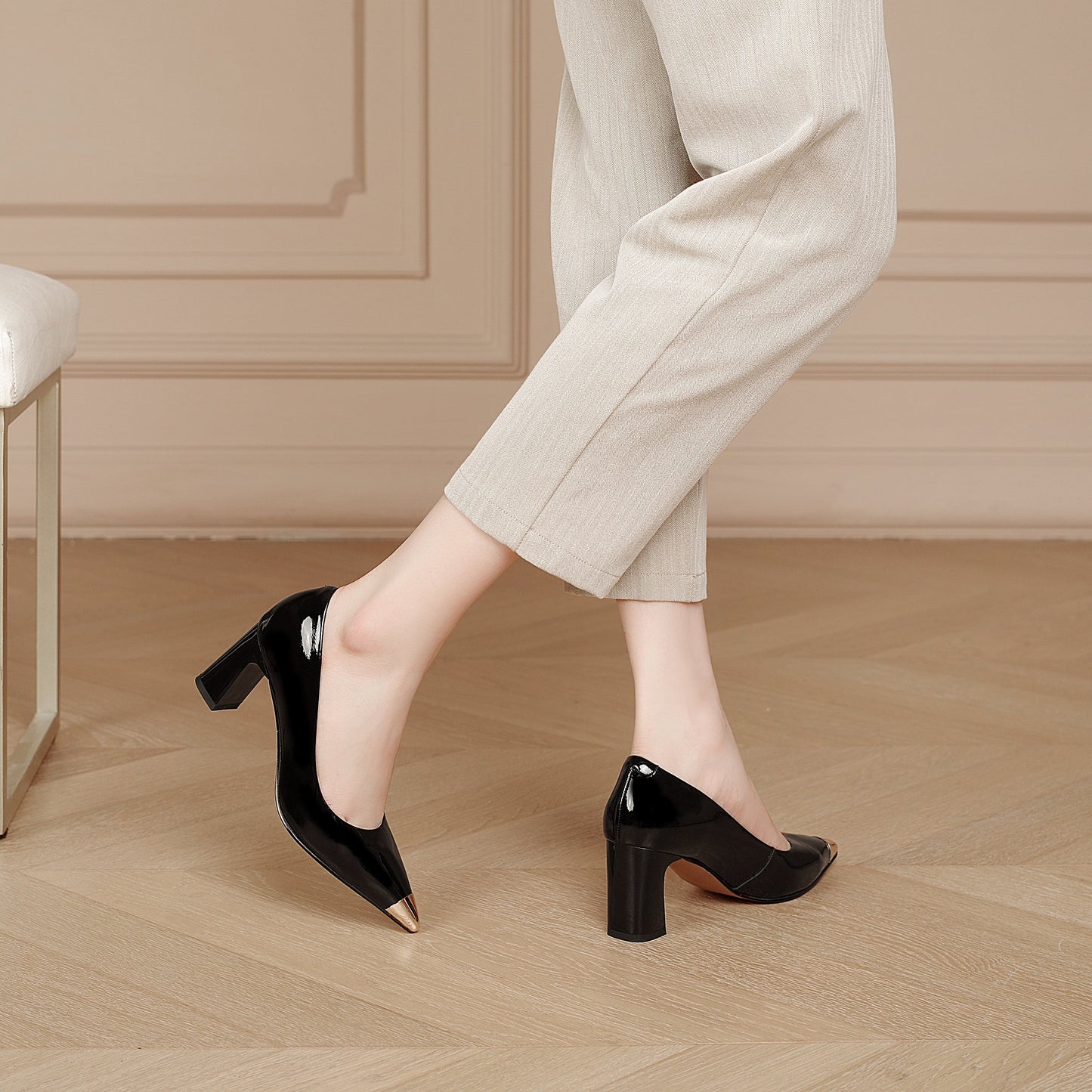 Women's Patent Leather Pointed Toe Block Heel Pump for Office Work