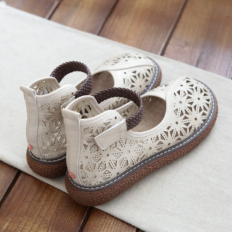 Women's Mori Style Flat Sandals – Openwork Pattern Single Strap with Ankle Velcro