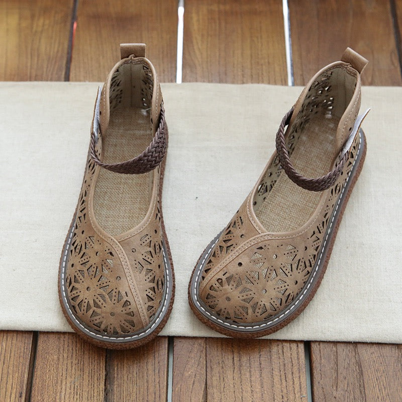 Women's Mori Style Flat Sandals – Openwork Pattern Single Strap with Ankle Velcro